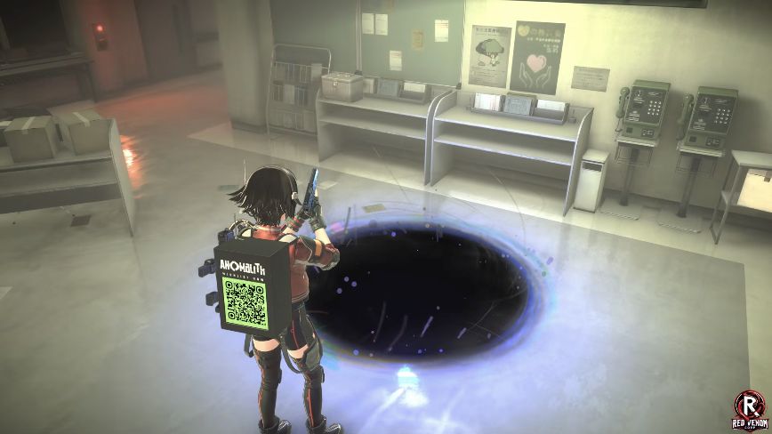 A black circular portal with a bright blue-violet rim is open on the hospital floor beside a counter and wall telephones.