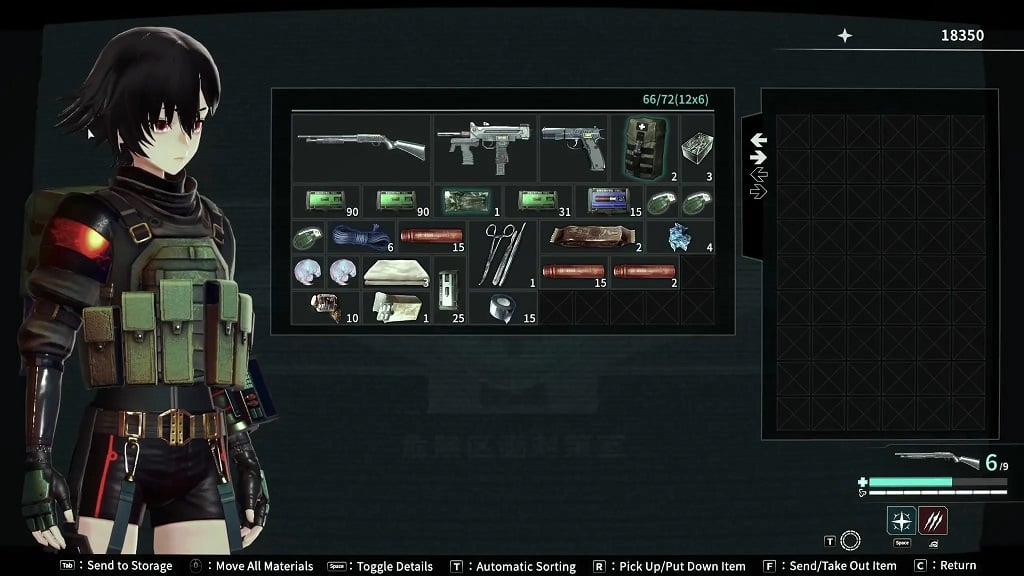 ANOMALITH storage interface shows the carried case on the left, a storage grid on the right, and Send to Storage, Move All Materials, Automatic Sorting and Send/Take Out Item commands along the bottom.